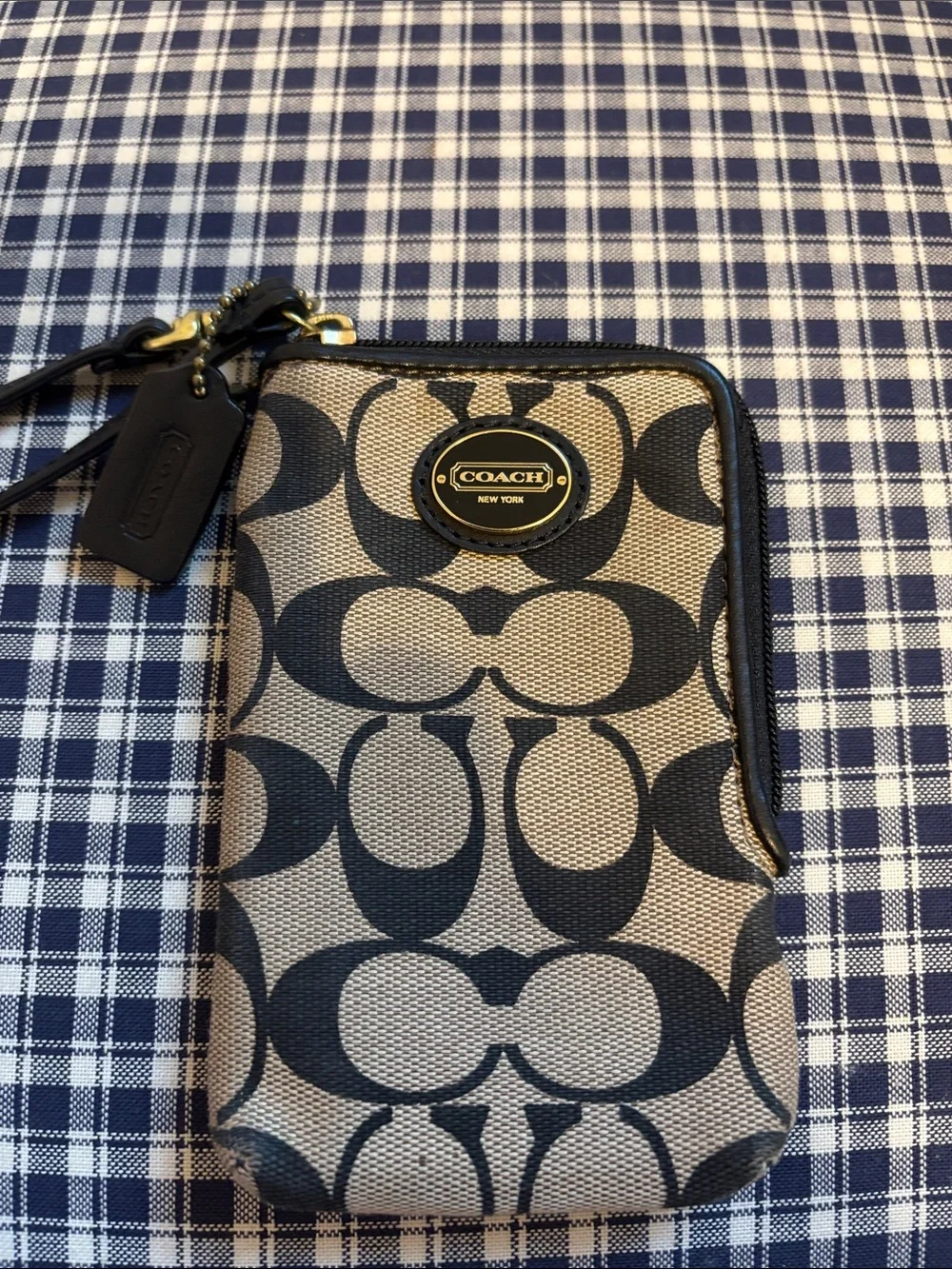 Coach Signature Canvas Phone Wristlet in Khaki and Black with Wrist Strap